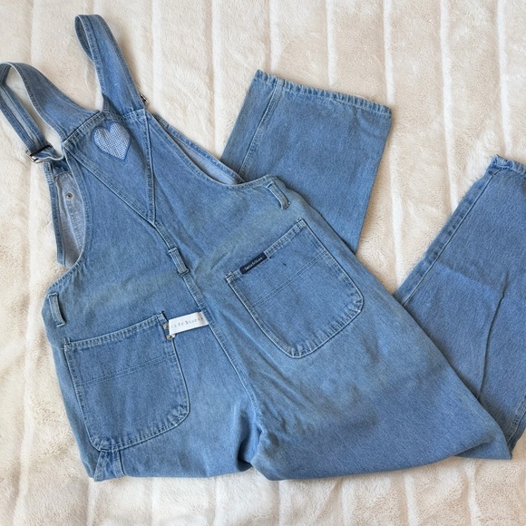 Vintage 90s Sante Fe Blues Gingham Heart Denim Overalls Size Medium - Picture 2 of 9